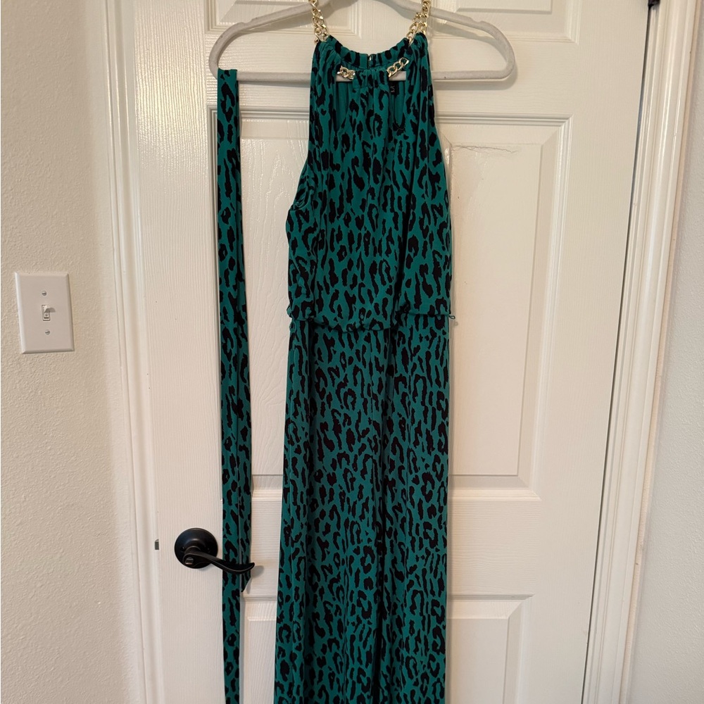 Green Leopard Print romper with Gold Chain high neck matching belt holiday vaca